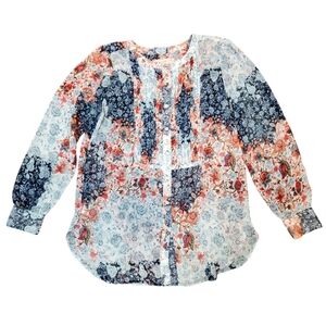 Loft Sheer Peasant Bib‎ Patchwork Cottagecore Button Floral Long Sleeve Blouse S